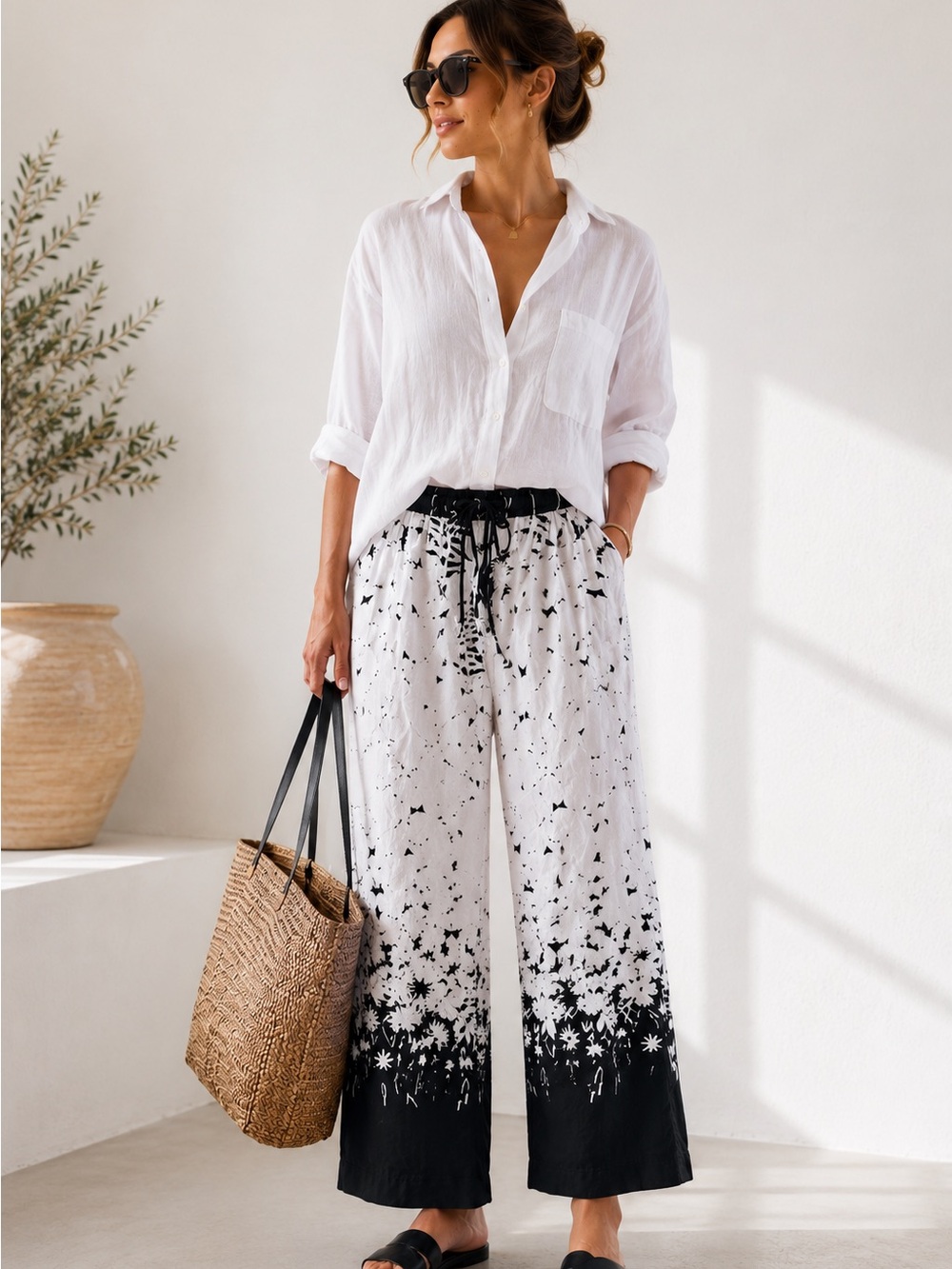 Zapapa Black White Abstract Cotton Poplin Pants Drawstring Sz Small